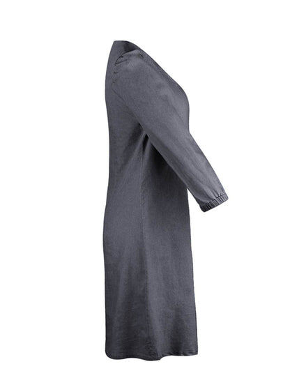 Full size V-neck half sleeve dress in grey, basic style, no stretch.