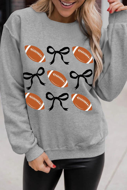 Gray Rugby Football Bow Knot Print Crewneck Sweatshirt