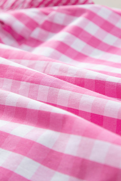 Checkered Ruffled Sleeve Closs Up Pink