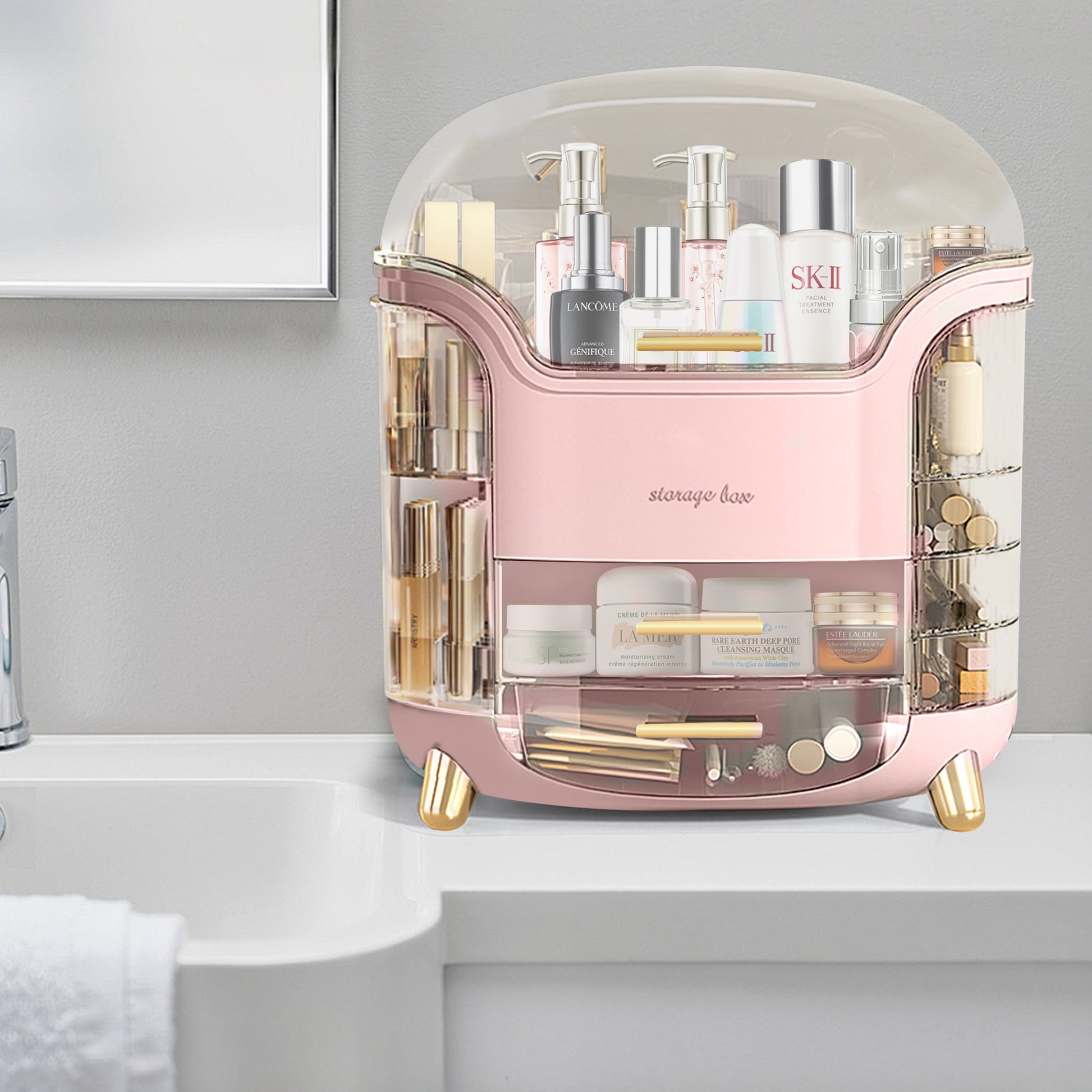 Rotating Makeup Organizer, Waterproof& Dustproof Cosmetic Organizer Box with Lid, Large Capacity Vanity Storage, Makeup Display Boxes for Bathroom Countertop, Bedroom, Dresser,Pink