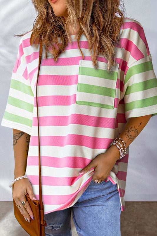 Casual chic contrast striped t-shirt with round neck and half sleeves in pink and green.