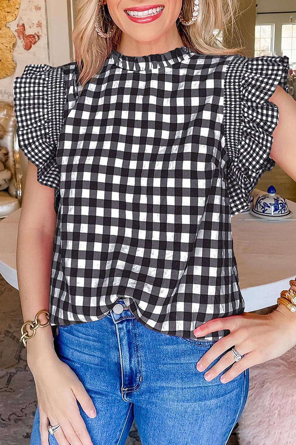 Checkered Ruffled Sleeve Black 