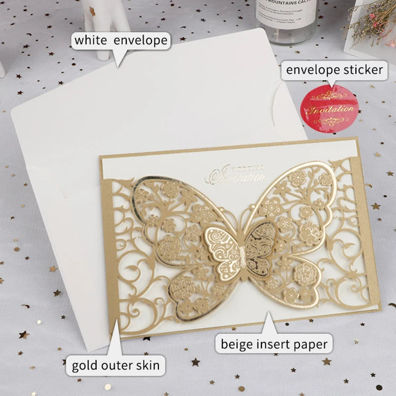 100Pcs Butterfly Laser Cut Wedding Invitation Cards Hollow Flora Greeting Cards Customized Wedding Decoration Party Supplies