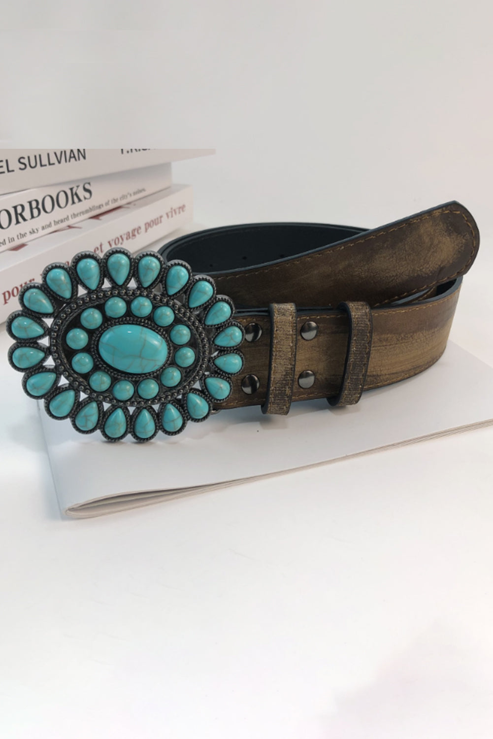 Ceinture large rétro bleu clair avec décor turquoise occidental 