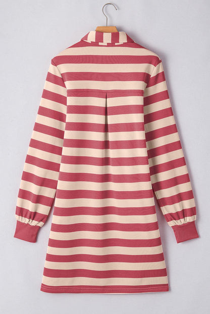 Striped Mini Dress with Johnny Collar and Long Sleeves in Red and White