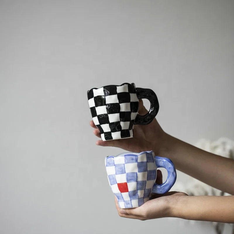 Handmade Coffee Cup Ceramic Irregular Checkerboard Design