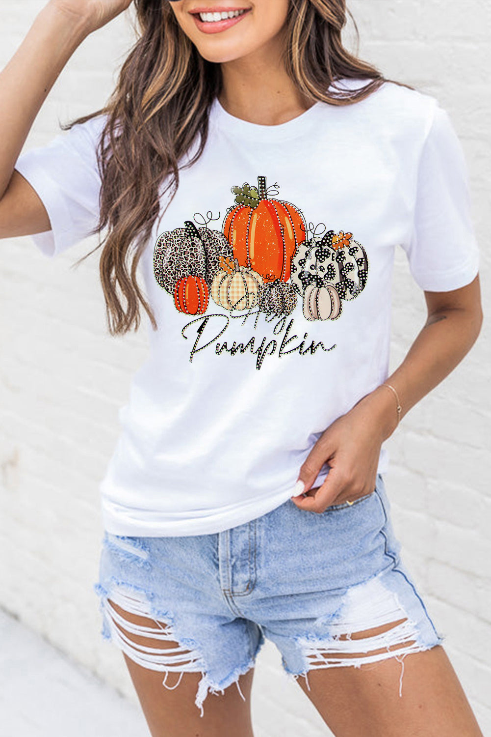 T-shirt de Thanksgiving à imprimé citrouille et strass blanc