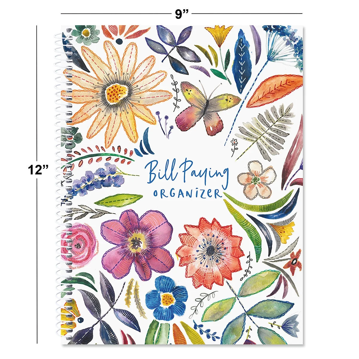 Embroidered Florals Bill Paying Organizer - Spiral Account Book, 9" by 12 Inch, 14 File Folder Pockets, Receipt Storage Holder