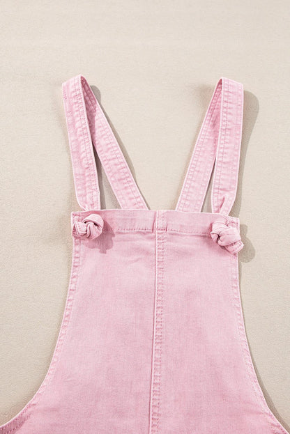 Pink Knot Strap Denim Romper with Pockets – Summer Casual Outfit