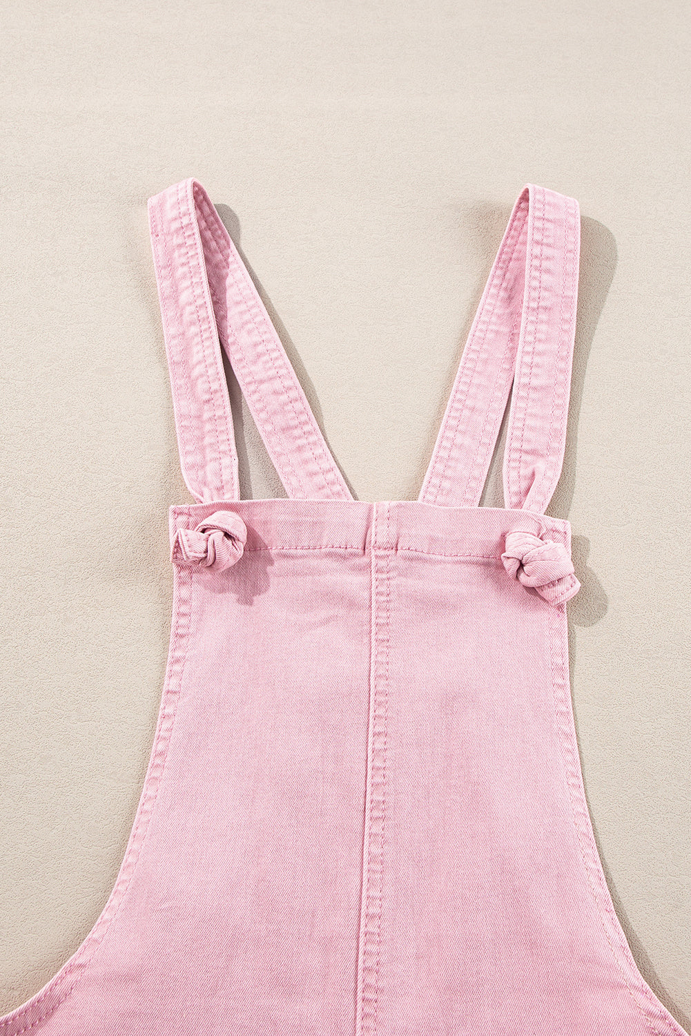 Pink Solid Color Knot Straps Denim Romper with Pockets