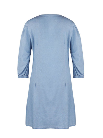 Full Size V-Neck Half Sleeve Dress in light blue, back view.