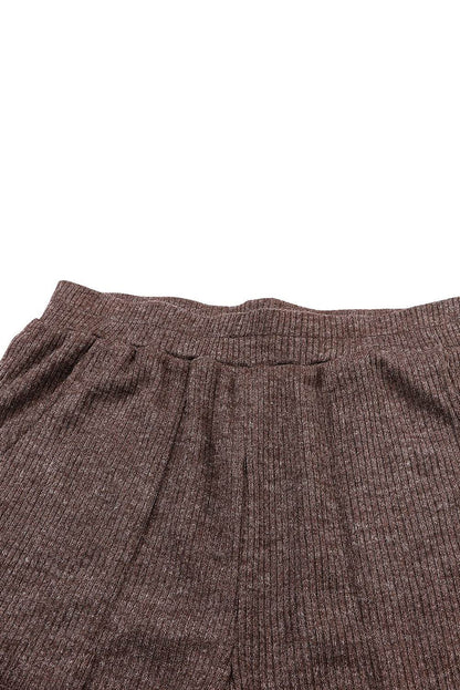 Brown Ribbed Knit Collared Henley Top