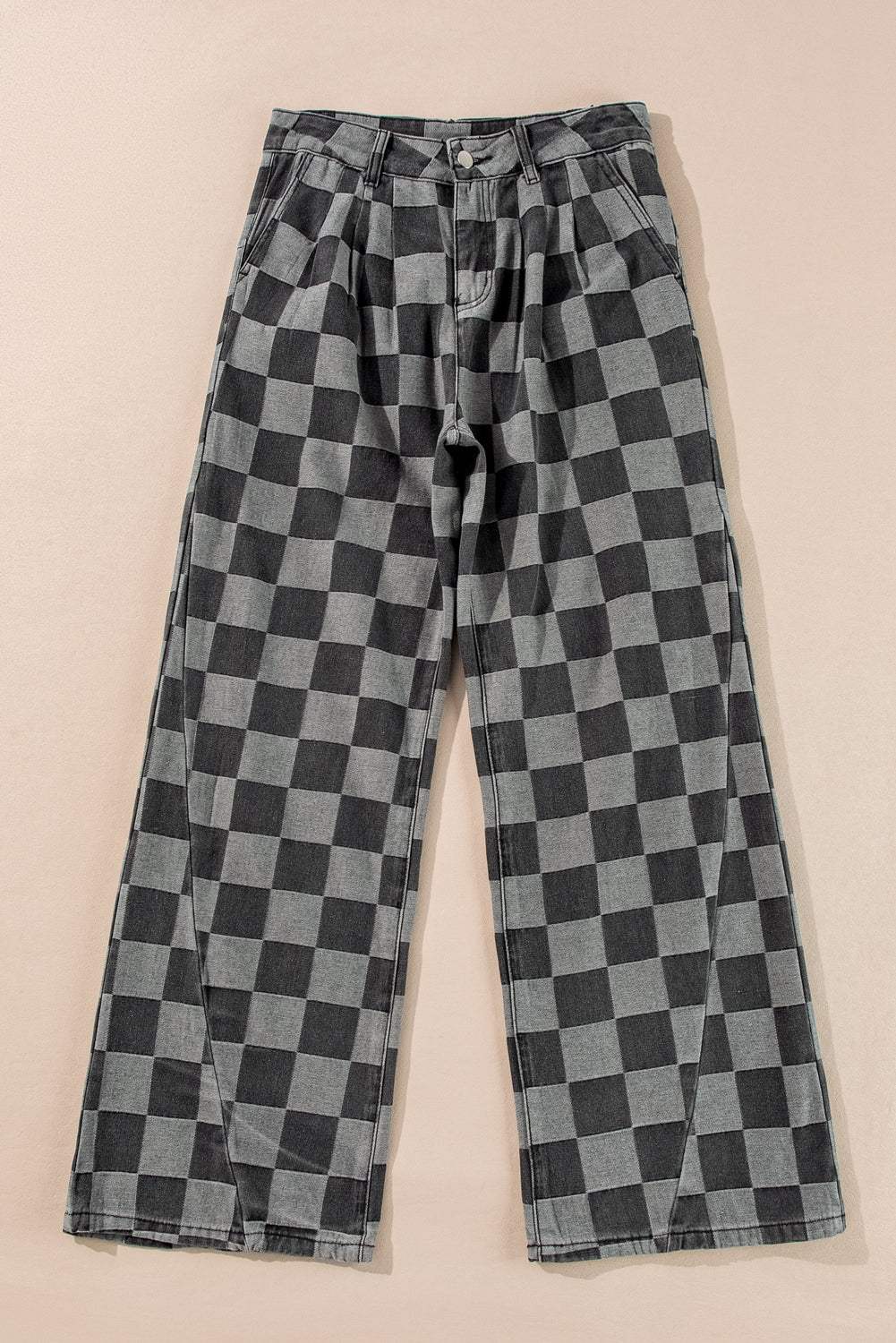 Dark grey checkered wide-leg denim jeans with relaxed fit and bold style.