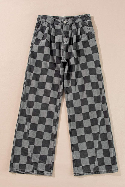 Dark grey checkered wide-leg denim jeans with relaxed fit and bold style.