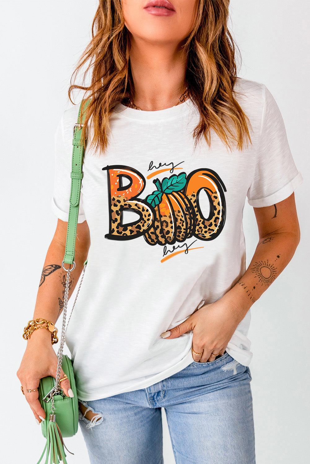 White BOO Pumpkin Leopard Print Crew Neck T Shirt