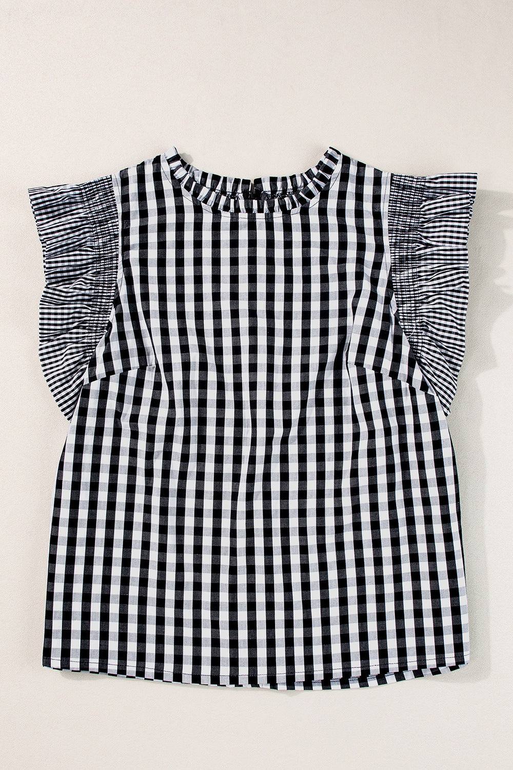 Checkered Ruffled Sleeve Flat Front Black 