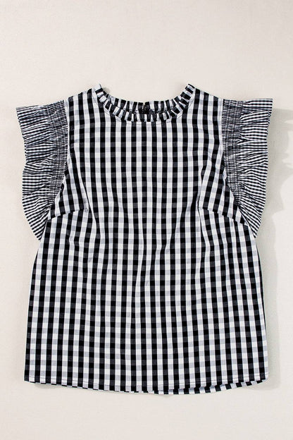 Checkered Ruffled Sleeve Flat Front Black 