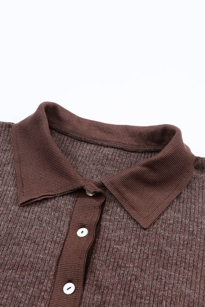 Brown Ribbed Knit Collared Henley Top
