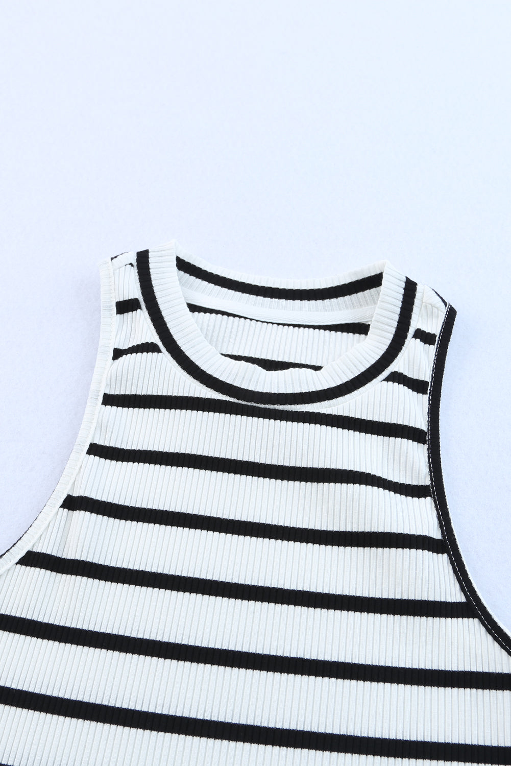 Apricot Striped Print Ribbed O-neck Sleeveless Top