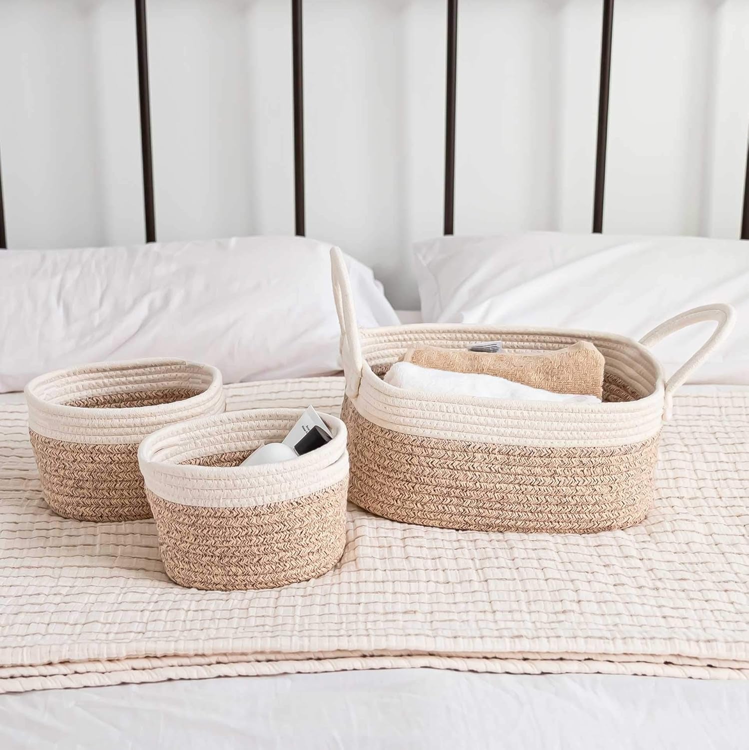 Brown Small Woven Baskets for Nursery Storage - Toy Basket Organizer - Baby Changing Basket - Storage Baskets for Shelves - Set of 3 Cotton Rope Baskets with Handles - round Towel Baskets