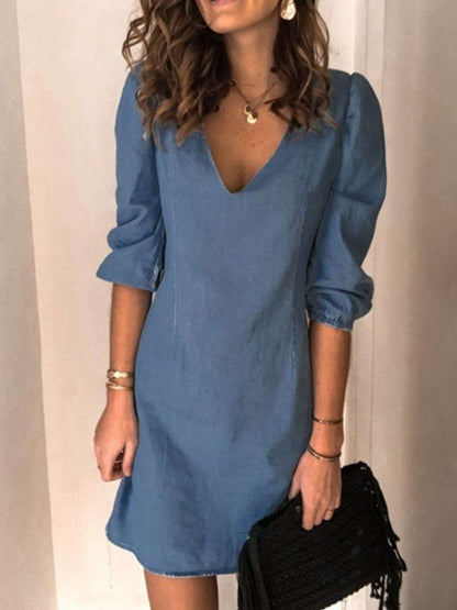 Full size V-neck half sleeve dress in blue, featuring basic style with no stretch, made from rayon and polyester.