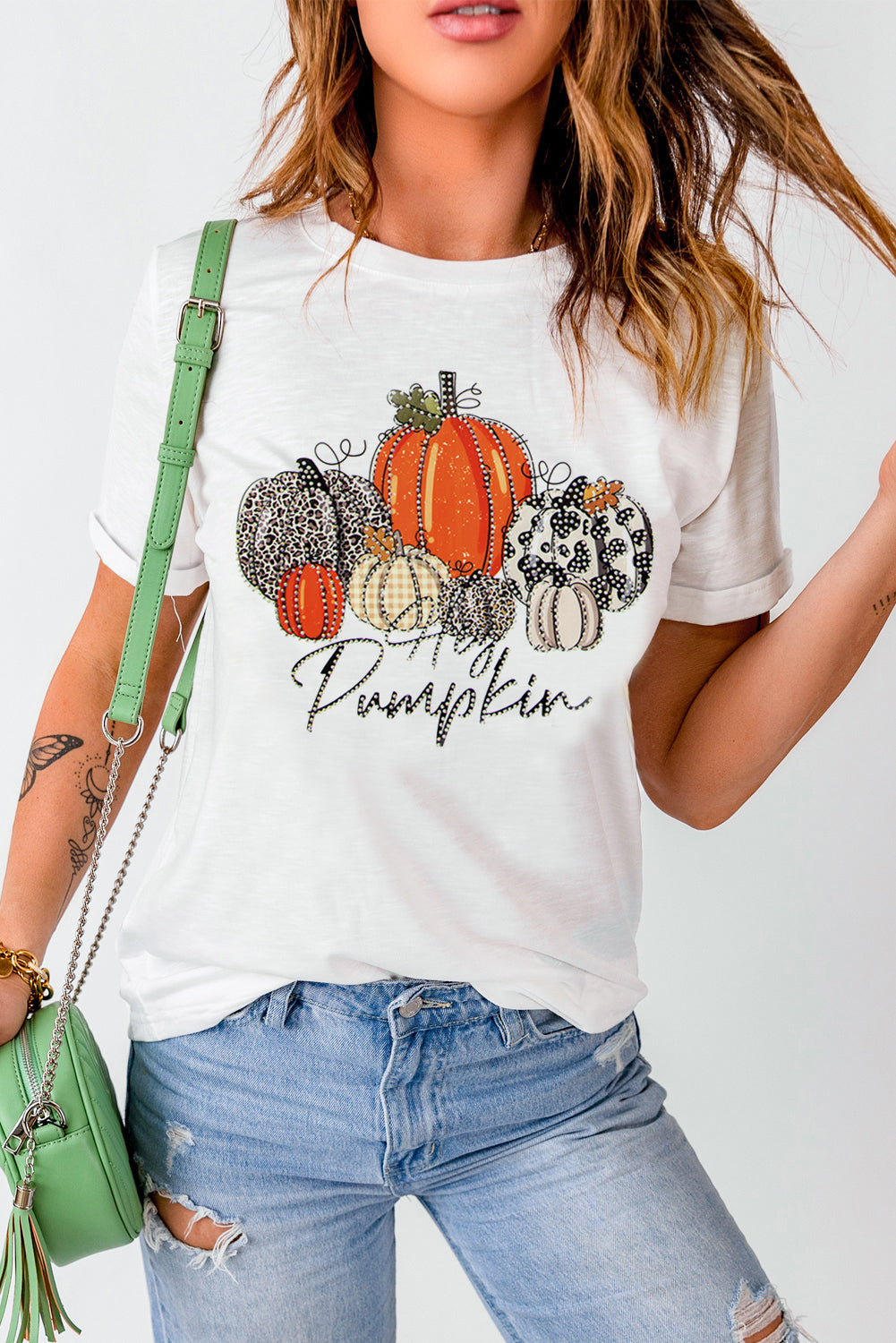 T-shirt de Thanksgiving à imprimé citrouille et strass blanc