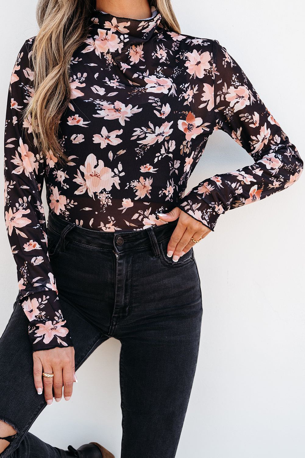 Black Floral Mesh Mock Neck Close View