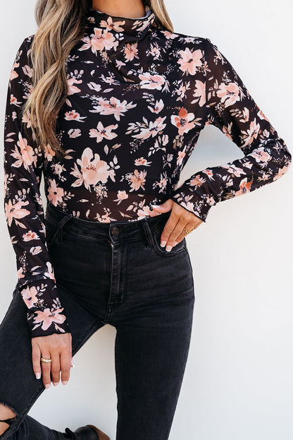 Black Floral Mesh Mock Neck Close View