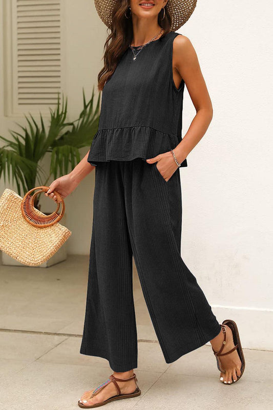 Black ribbed ruffle tank top and pants set, stylish 2-piece outfit, women's fashion.