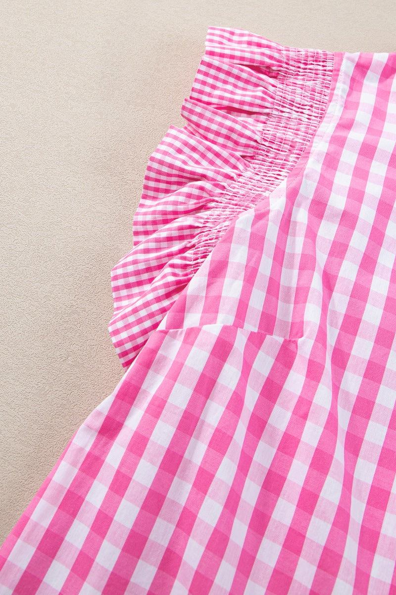 Checkered Ruffled Sleeve Pink