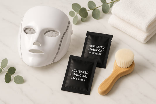 Professional skincare product collection featuring LED therapy mask, activated charcoal face masks, and bamboo facial brush arranged on marble surface