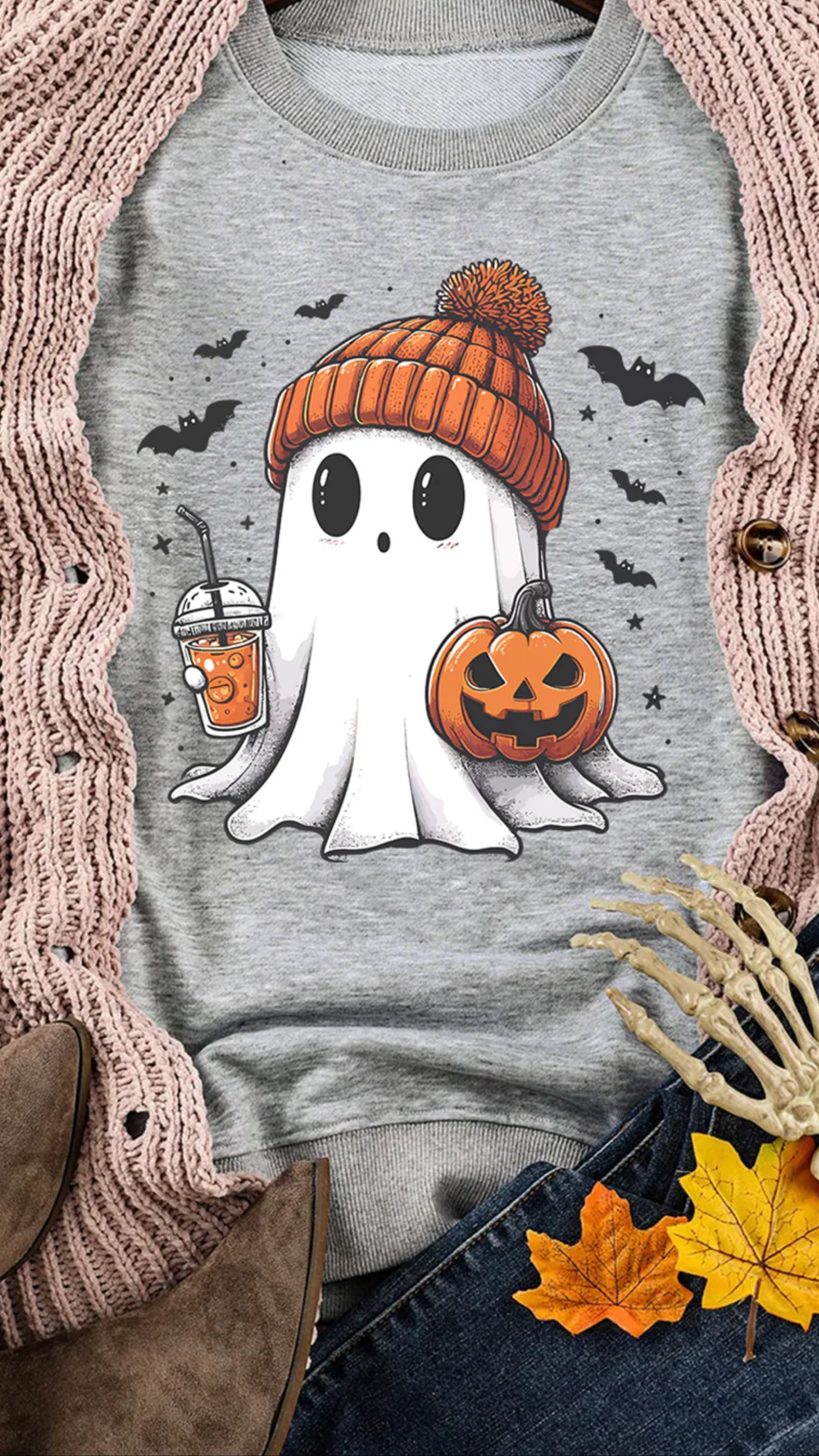 Gray Halloween Ghost Print Crewneck Drop Shoulder Sweatshirt